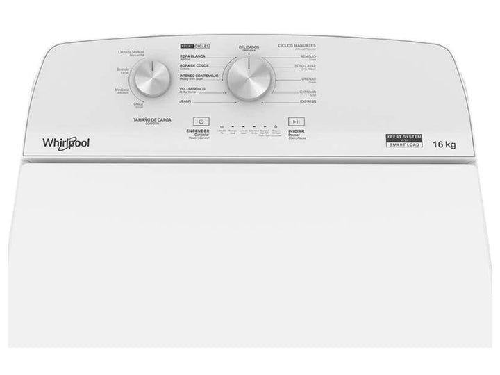 Lavadora automática Whirlpool de carga superior en color blanco.