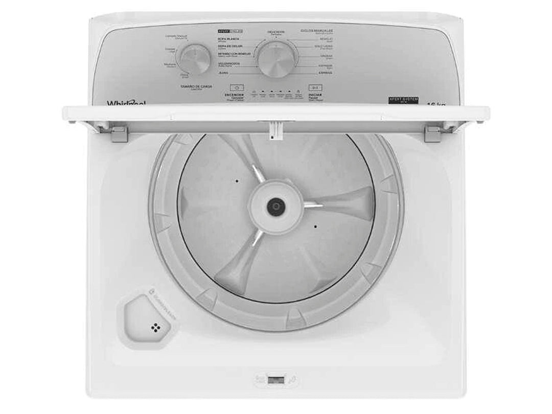 Lavadora automática Whirlpool de carga superior en color blanco.