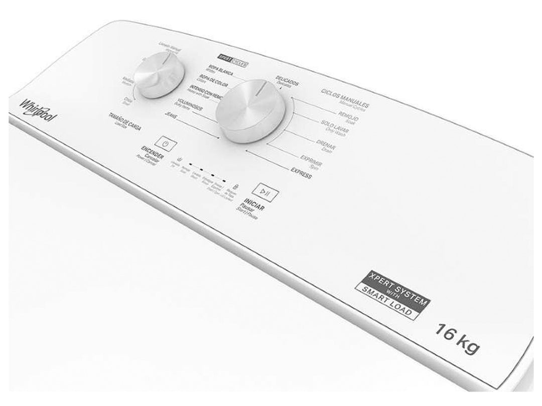 Lavadora automática Whirlpool de carga superior en color blanco.