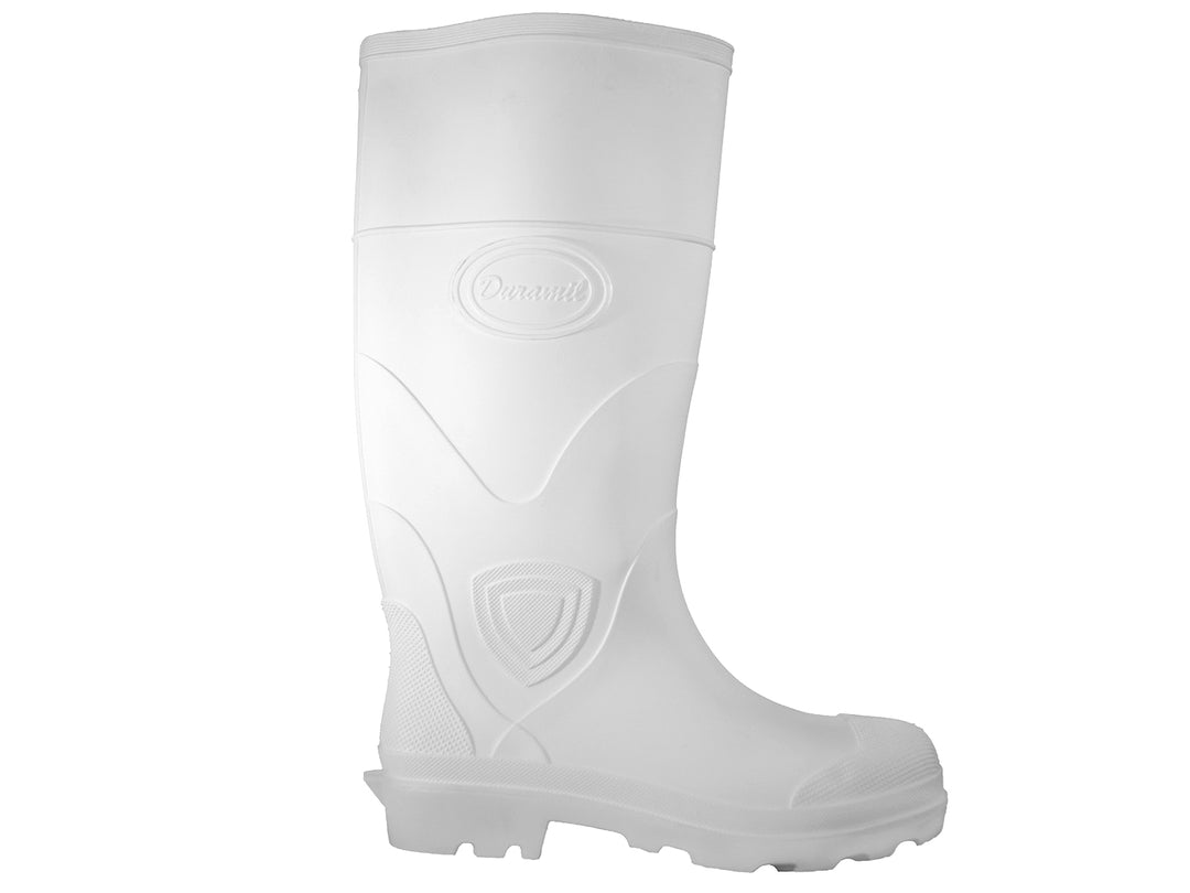 Bota de lluvia blanca para hombre de la marca Duramil, diseño alto e impermeable.