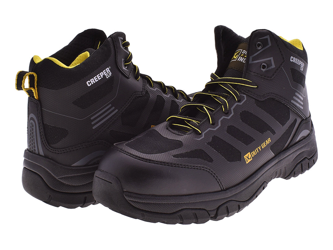 Bota táctica Duty Gear de color negro con detalles en amarillo y suela robusta.