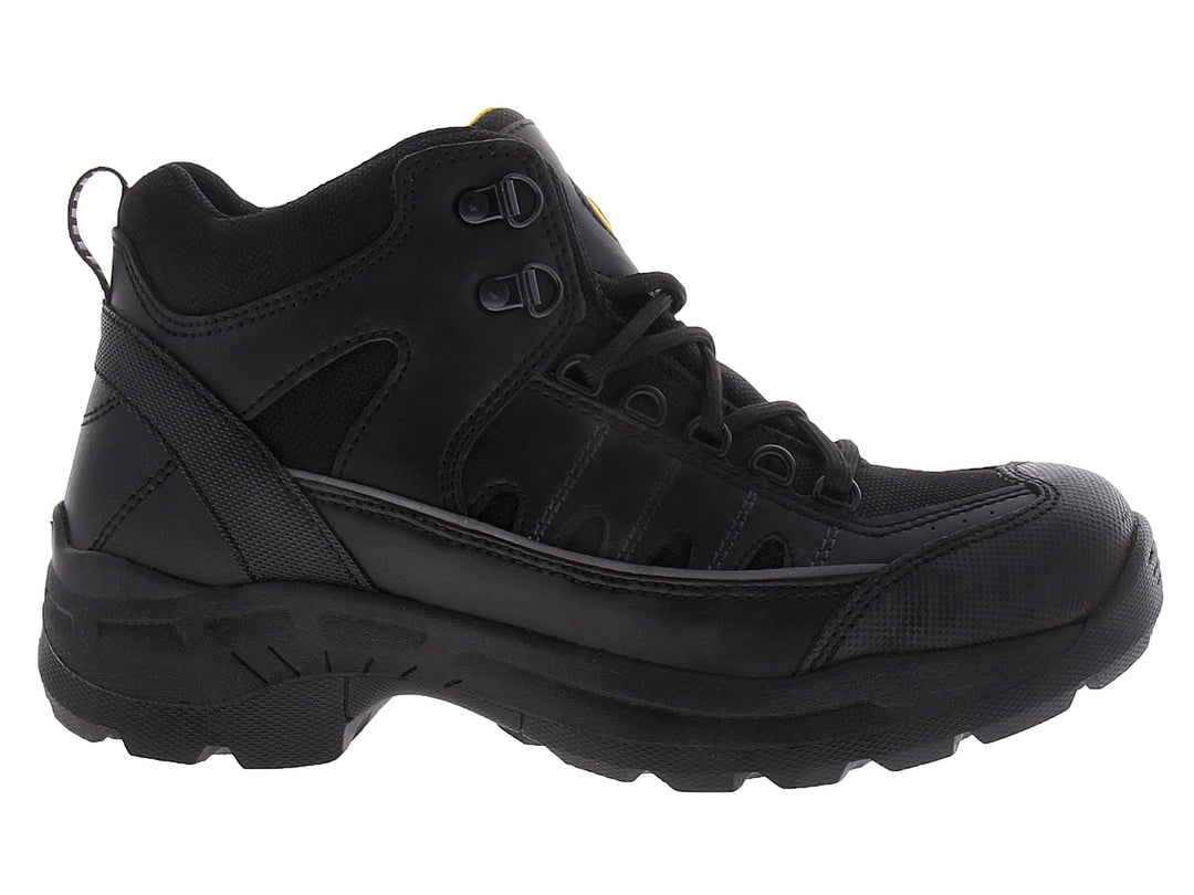 Botín táctico color negro con suela robusta y cierre de cordones.