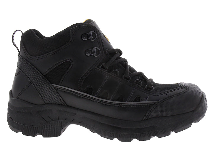 Botín táctico color negro con suela robusta y cierre de cordones.