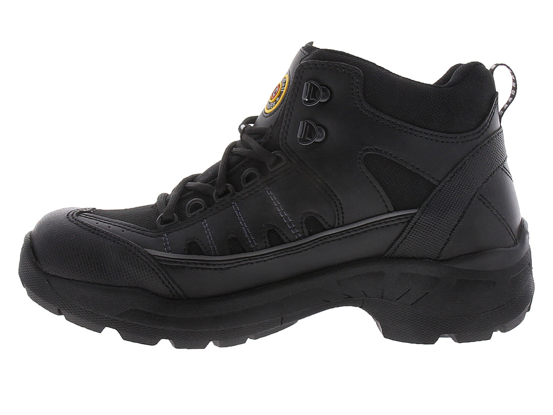 Botín táctico color negro con suela robusta y cierre de cordones.