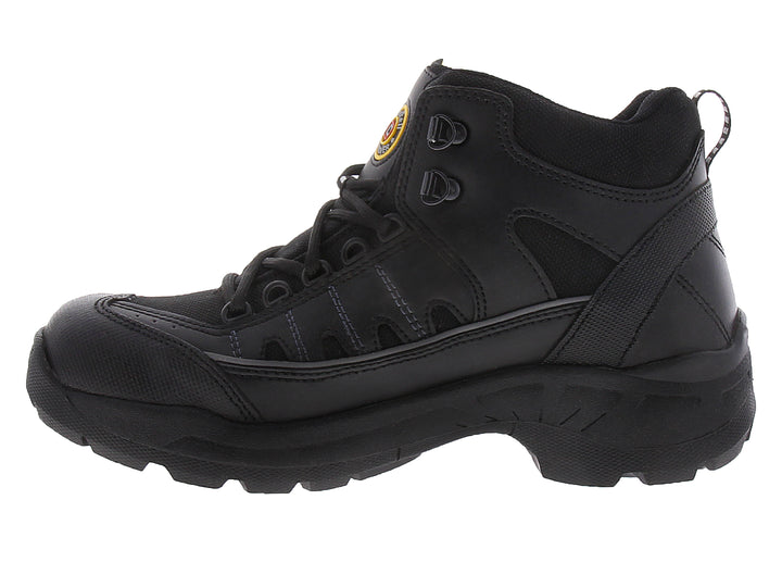 Botín táctico color negro con suela robusta y cierre de cordones.
