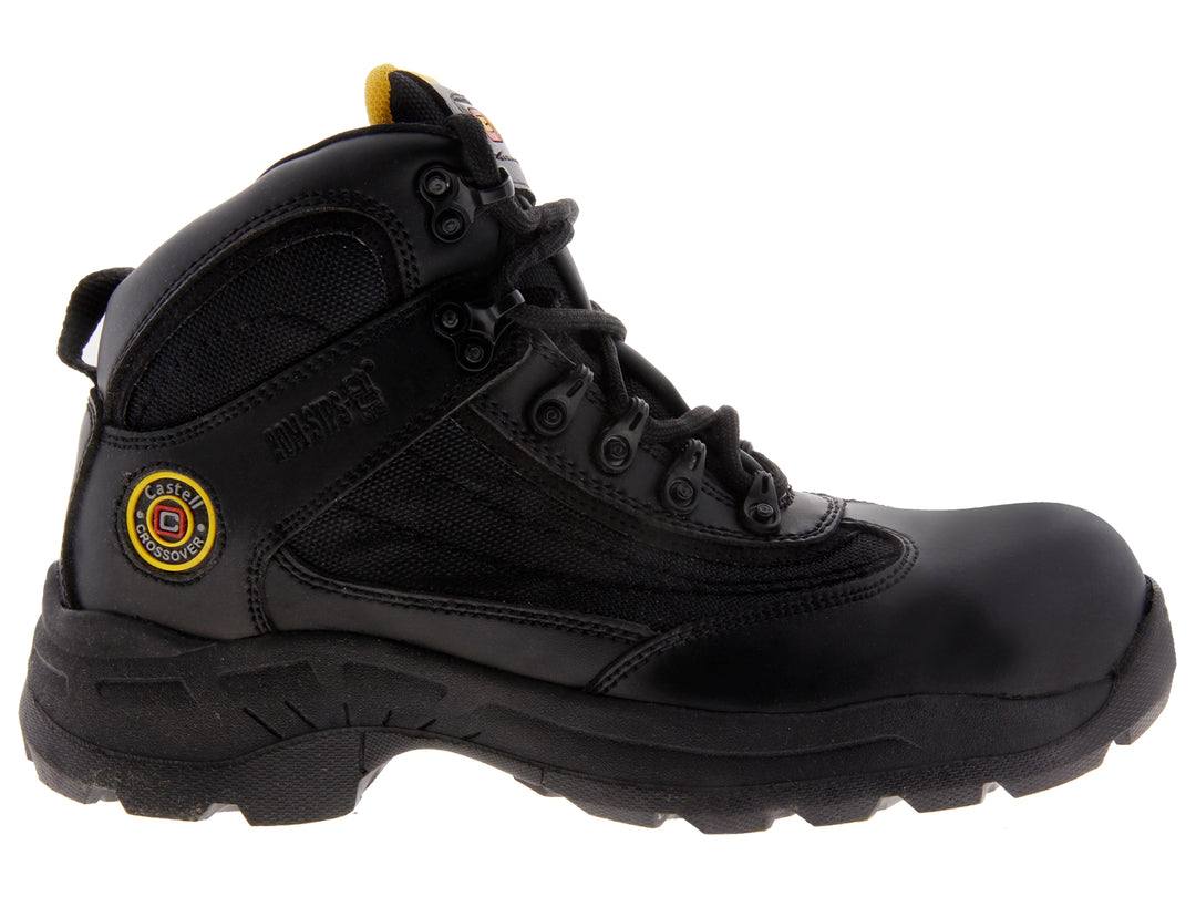 Bota de seguridad industrial color negro con casco de acero y suela robusta.