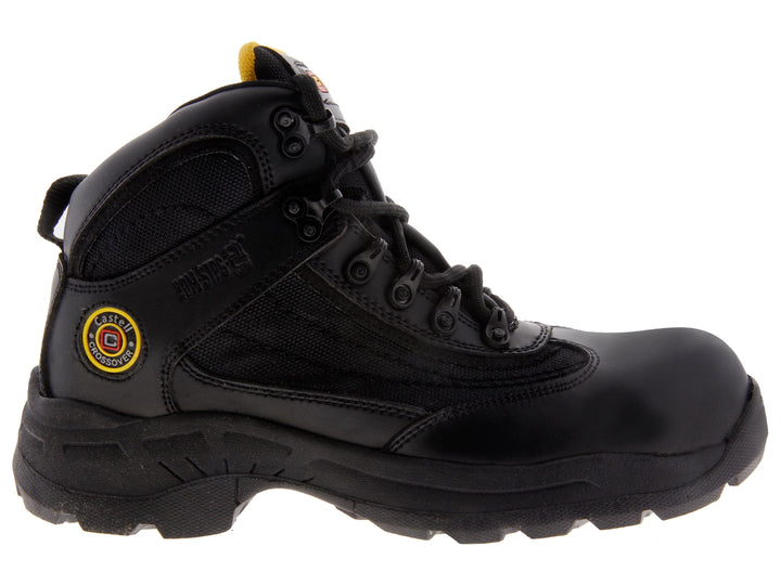 Bota de seguridad industrial color negro con casco de acero y suela robusta.