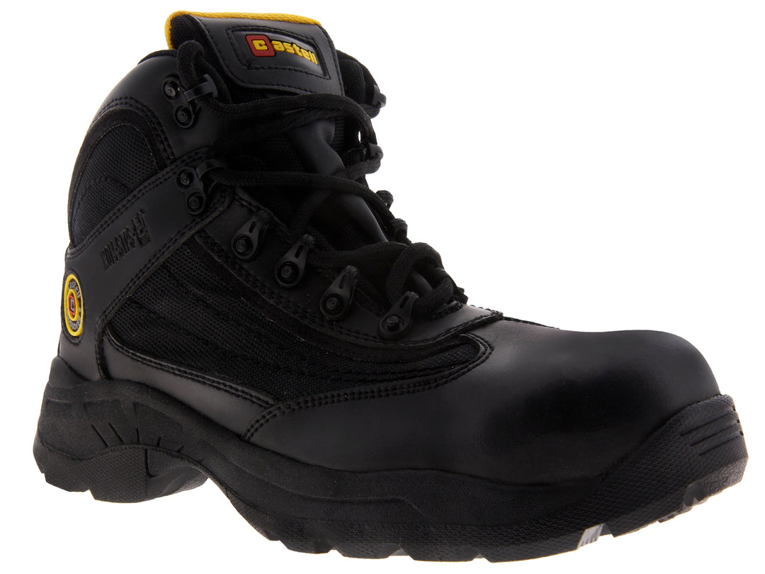 Bota de seguridad industrial color negro con casco de acero y suela robusta.