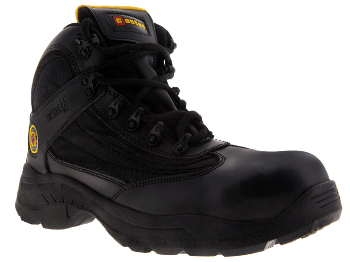 Bota de seguridad industrial color negro con casco de acero y suela robusta.