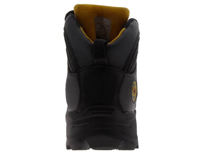 Bota de seguridad industrial color negro con casco de acero y suela robusta.