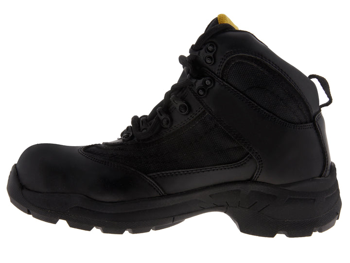 Bota de seguridad industrial color negro con casco de acero y suela robusta.