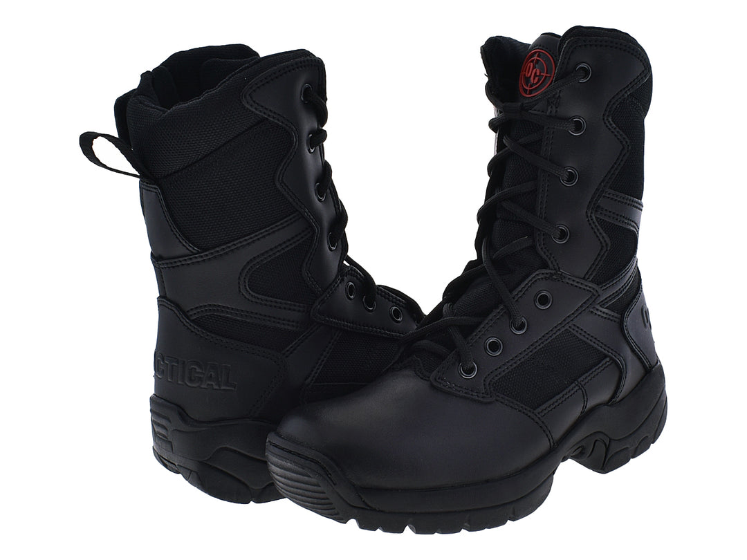 Botas tácticas negras de caña alta para niño con suela robusta y cordones.