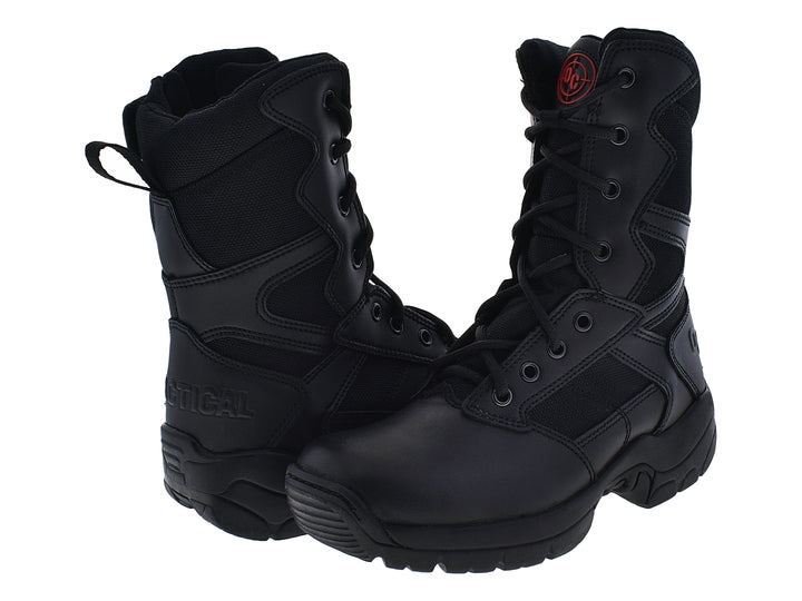 Botas tácticas negras de caña alta para niño con suela robusta y cordones.