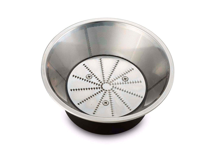 Extractor de jugos Oster color blanco y gris con jarra recolectora transparente.