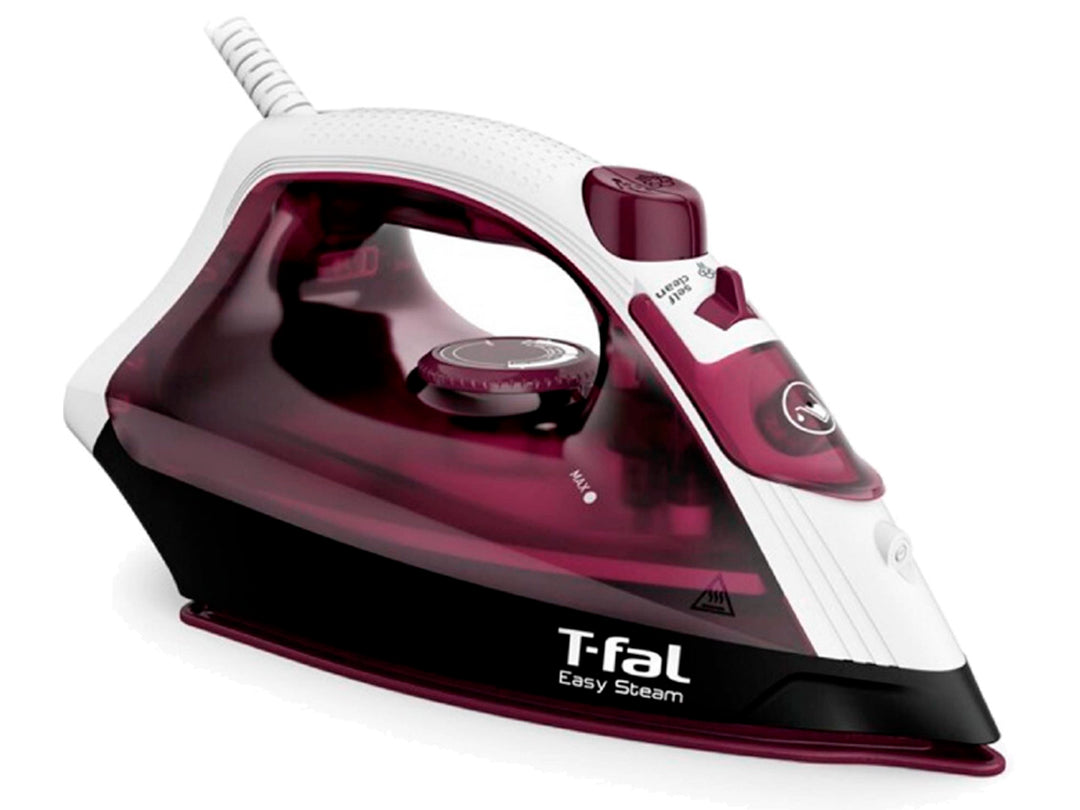 Plancha de vapor T-fal color morado y blanco con tanque de agua transparente.