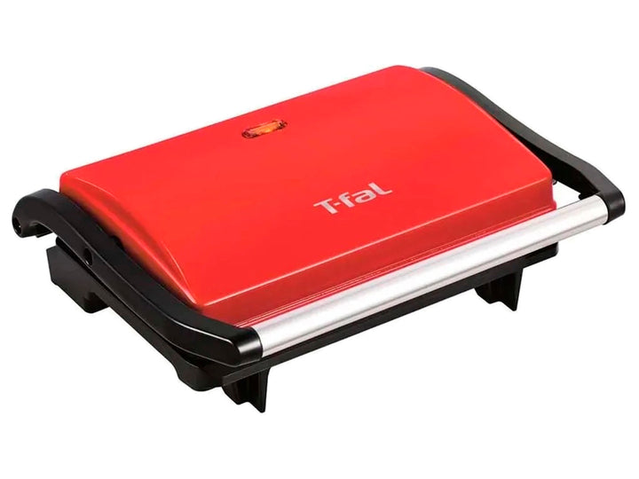Sandwichera paninera T-fal de color rojo con mango negro y detalles en plata.