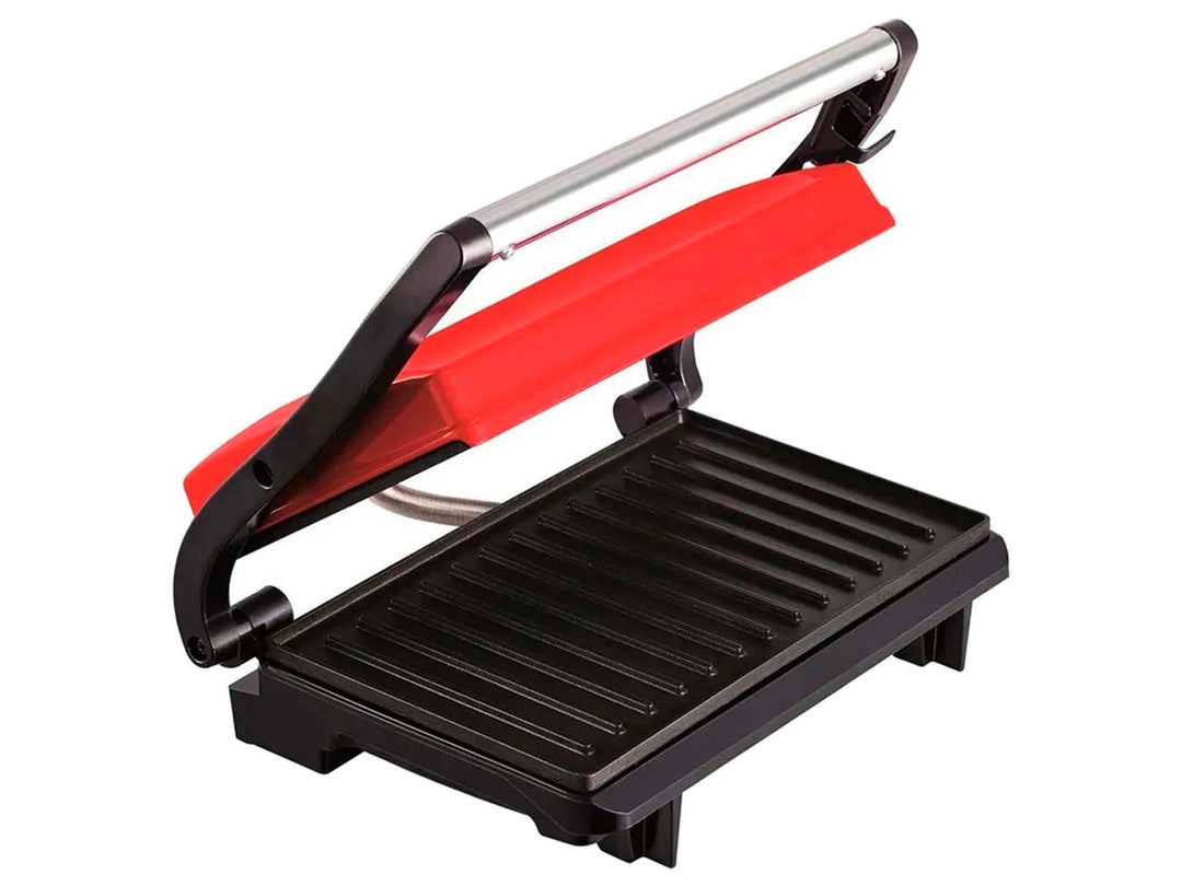 Sandwichera paninera T-fal de color rojo con mango negro y detalles en plata.