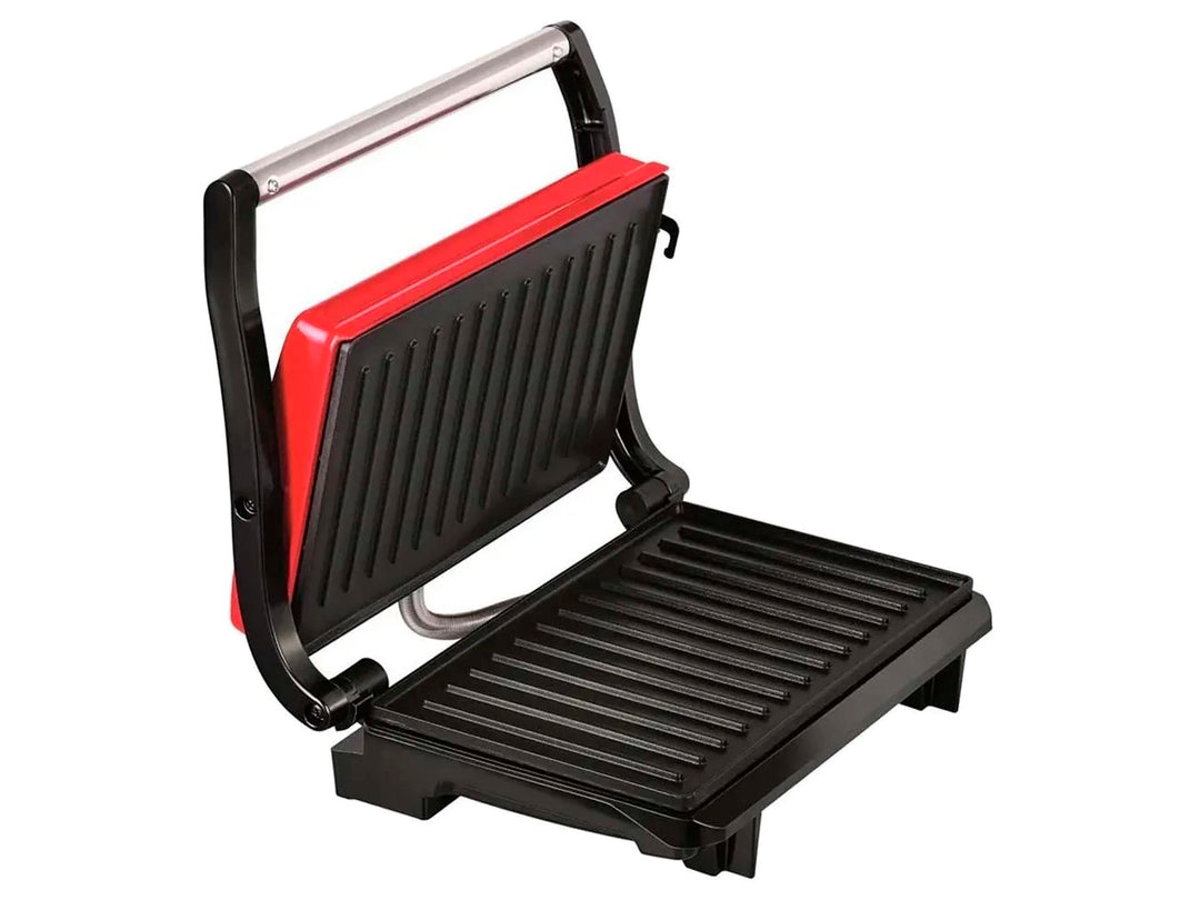Sandwichera paninera T-fal de color rojo con mango negro y detalles en plata.