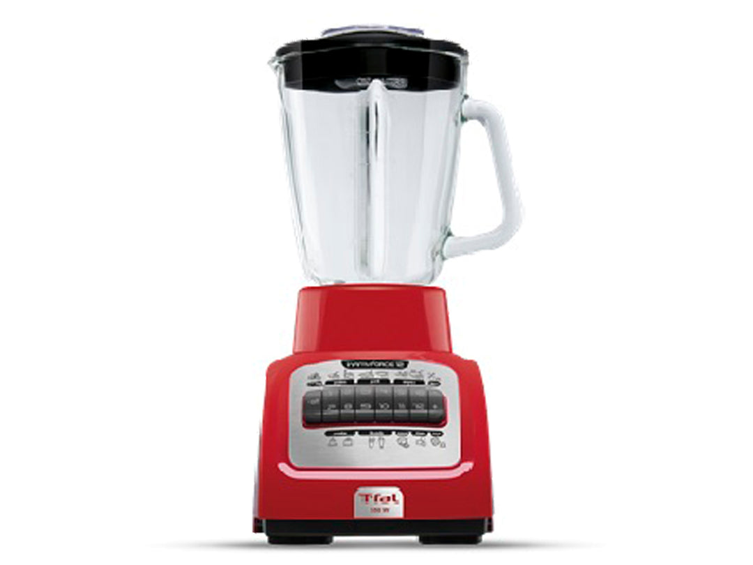 Licuadora T-Fal color rojo con vaso de vidrio transparente y base con botones de control.