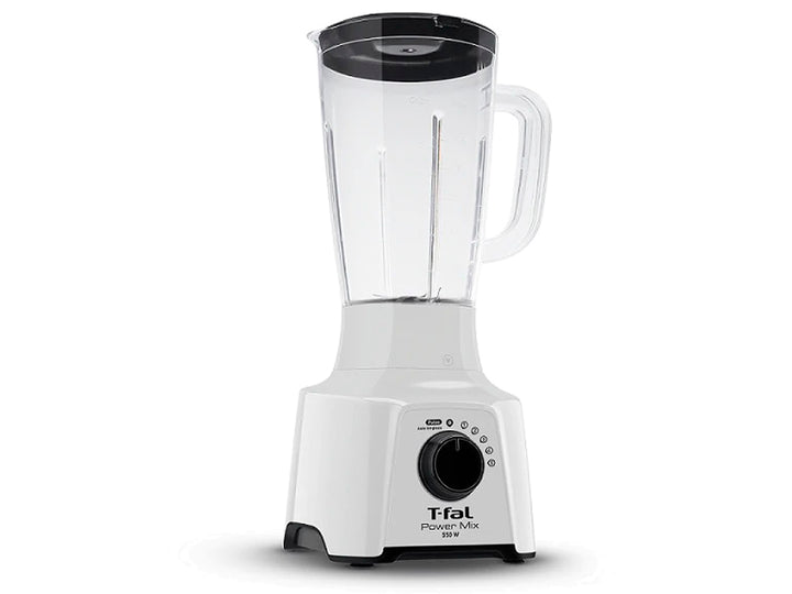 Licuadora T-fal de color blanco con vaso de plástico transparente y detalles en negro.