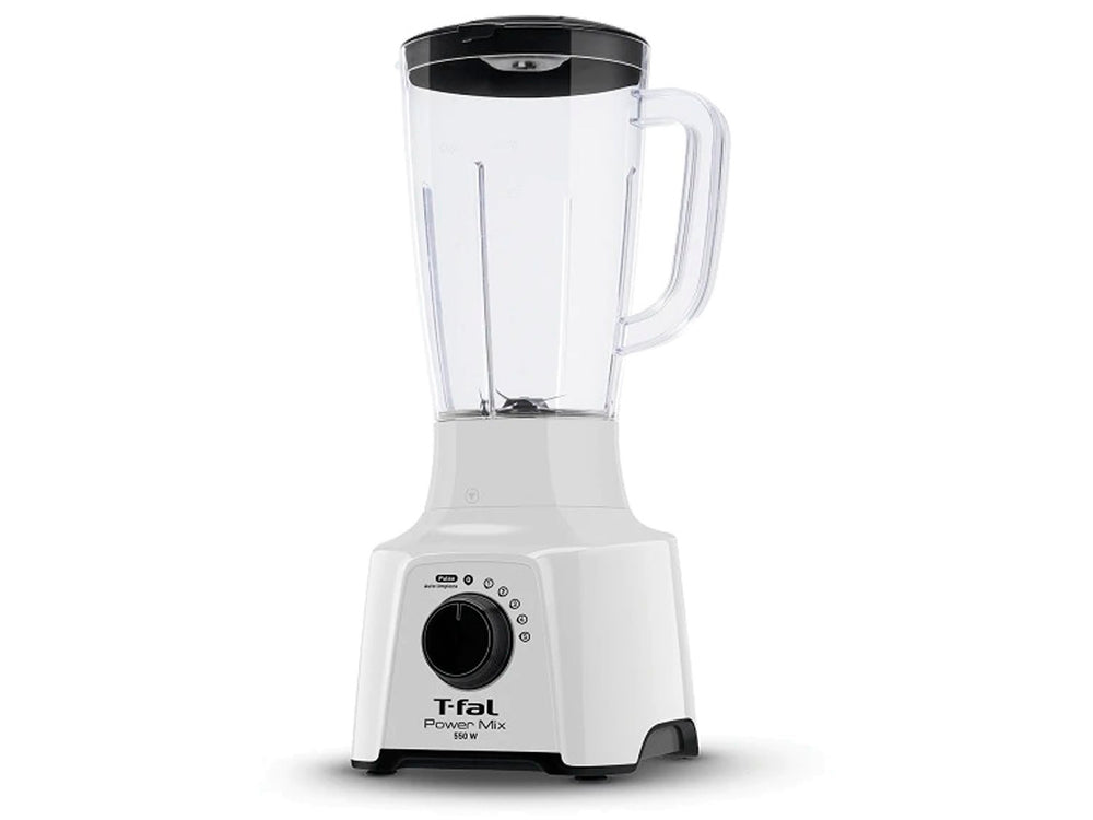 Licuadora T-fal de color blanco con vaso de plástico transparente y detalles en negro.