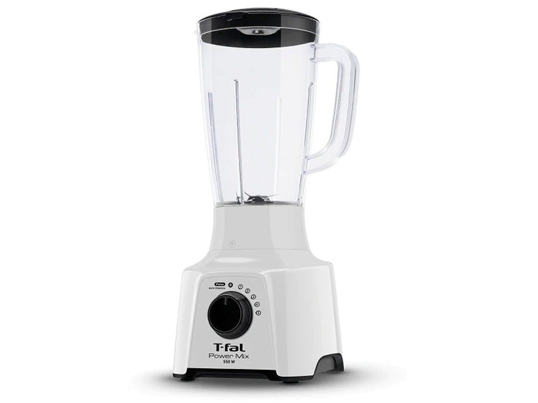 Licuadora T-fal de color blanco con vaso de plástico transparente y detalles en negro.
