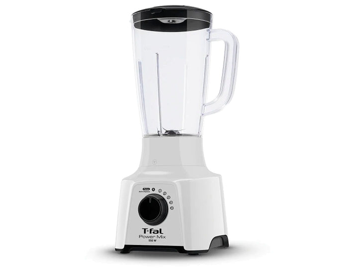 Licuadora T-fal de color blanco con vaso de plástico transparente y detalles en negro.