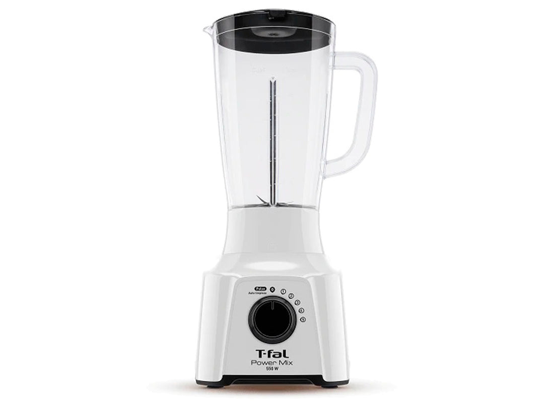 Licuadora T-fal de color blanco con vaso de plástico transparente y detalles en negro.