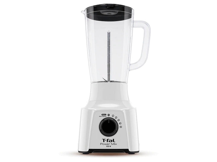 Licuadora T-fal de color blanco con vaso de plástico transparente y detalles en negro.