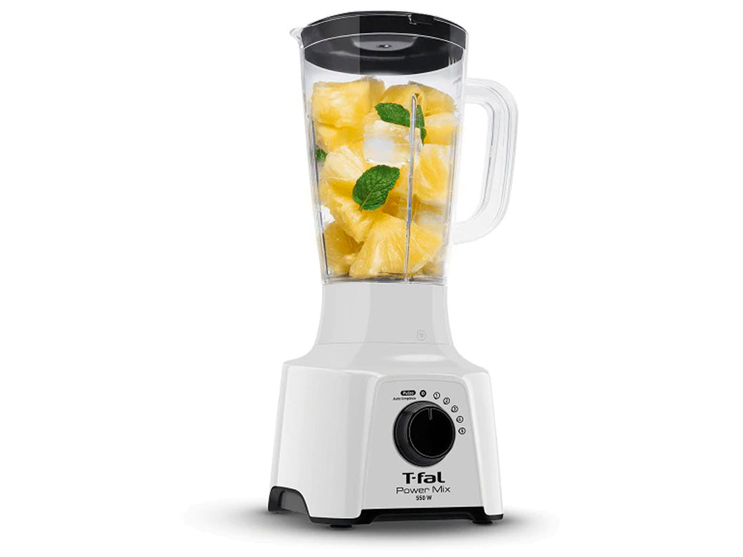 Licuadora T-fal de color blanco con vaso de plástico transparente y detalles en negro.