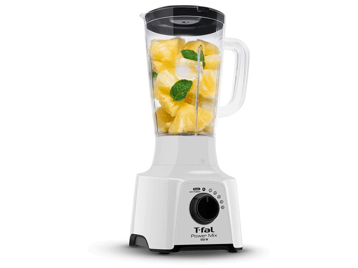 Licuadora T-fal de color blanco con vaso de plástico transparente y detalles en negro.