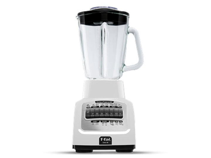 Licuadora T-fal blanca con vaso de vidrio transparente y panel de control frontal.