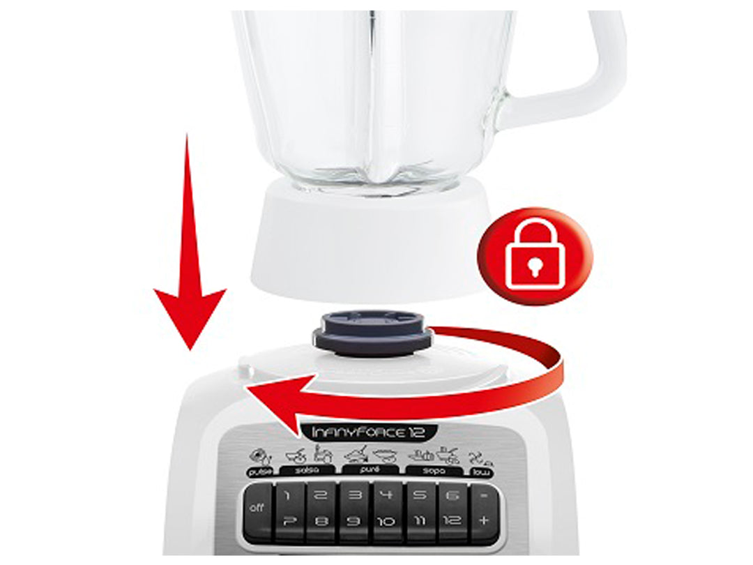 Licuadora T-fal blanca con vaso de vidrio transparente y panel de control frontal.