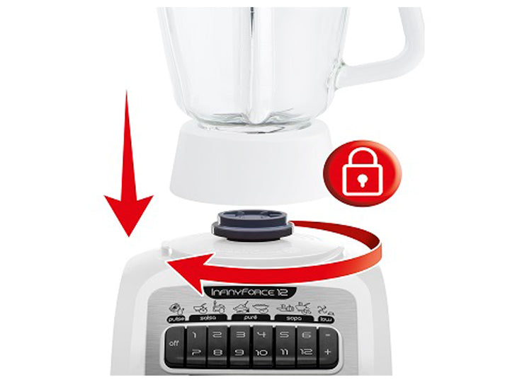 Licuadora T-fal blanca con vaso de vidrio transparente y panel de control frontal.