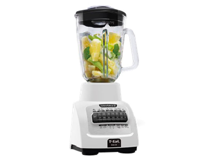 Licuadora T-fal blanca con vaso de vidrio transparente y panel de control frontal.