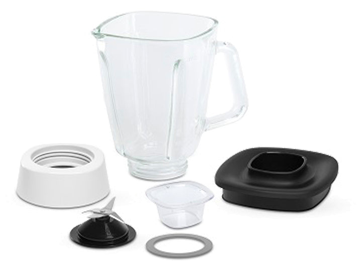 Licuadora T-fal blanca con vaso de vidrio transparente y panel de control frontal.