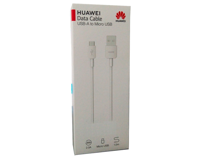 Cable de datos Micro USB blanco de Huawei en su empaque original.
