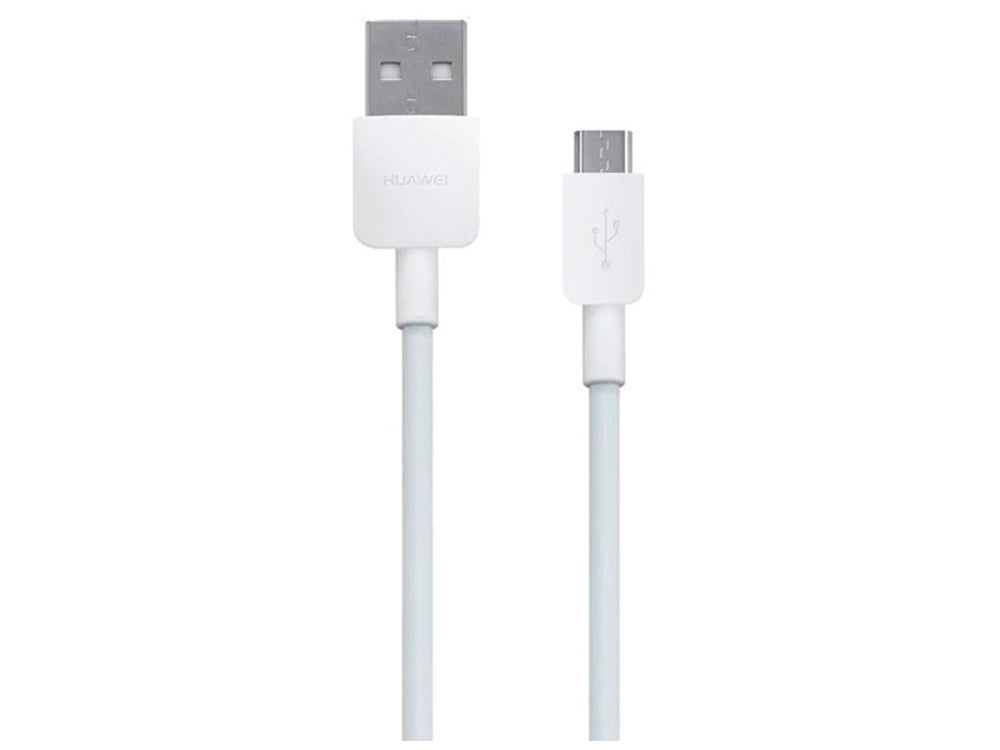 Cable de datos Micro USB blanco de Huawei en su empaque original.