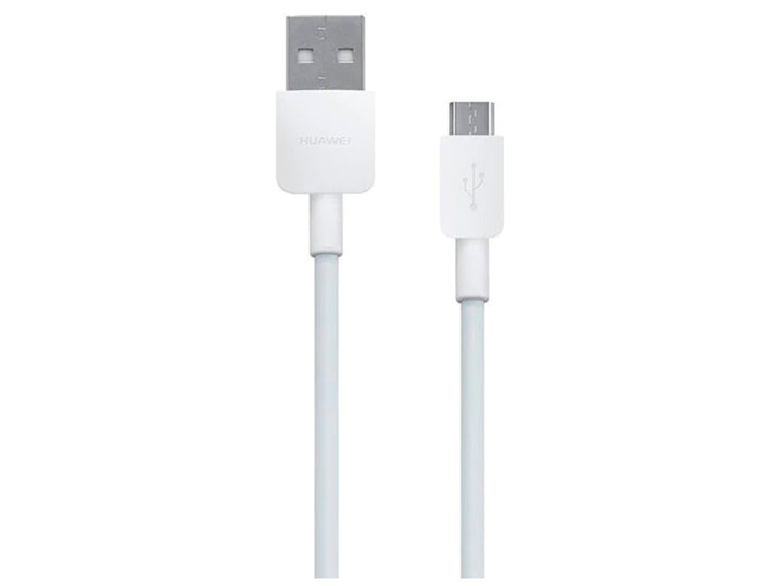 Cable de datos Micro USB blanco de Huawei en su empaque original.