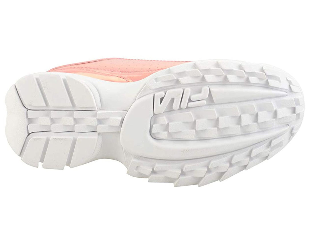Tenis FILA Disruptor II para mujer en color rosa metálico con suela blanca dentada.