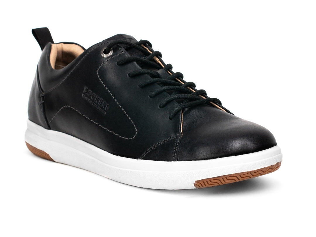 Tenis Dockers Malibu para hombre en color negro con suela blanca y marrón.