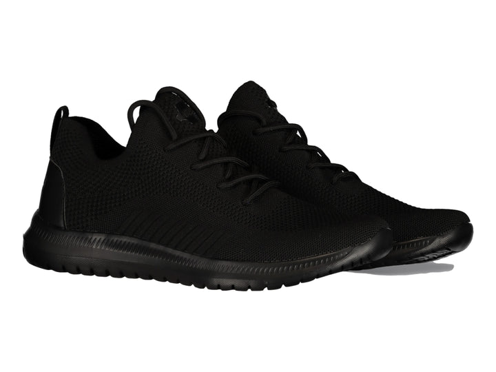 Par de tenis deportivos color negro con tejido transpirable y suela sintética.