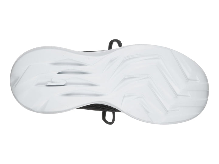 Tenis deportivos Skechers para mujer en color negro con suela blanca y banda gris lateral.