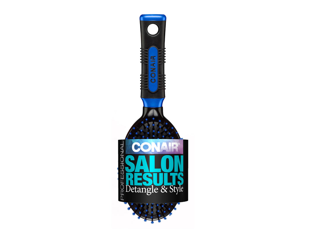 Cepillo ovalado profesional Conair en colores negro y azul para desenredar y peinar el cabello.
