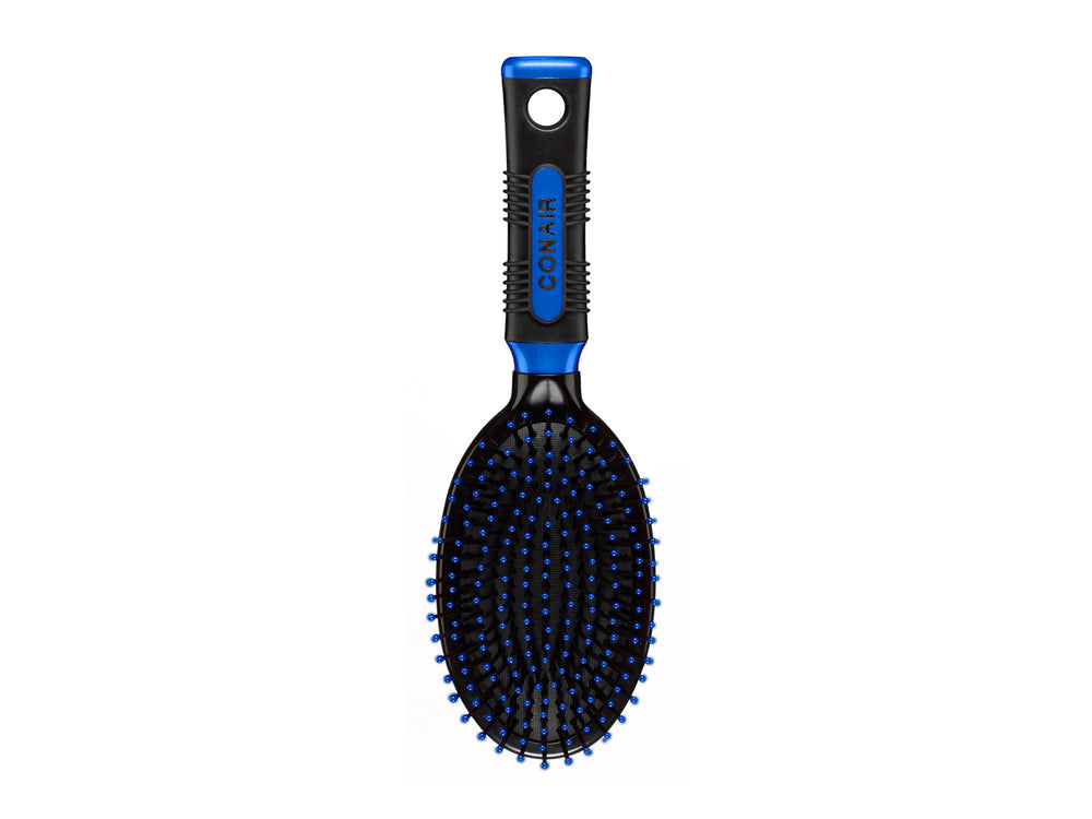 Cepillo ovalado profesional Conair en colores negro y azul para desenredar y peinar el cabello.