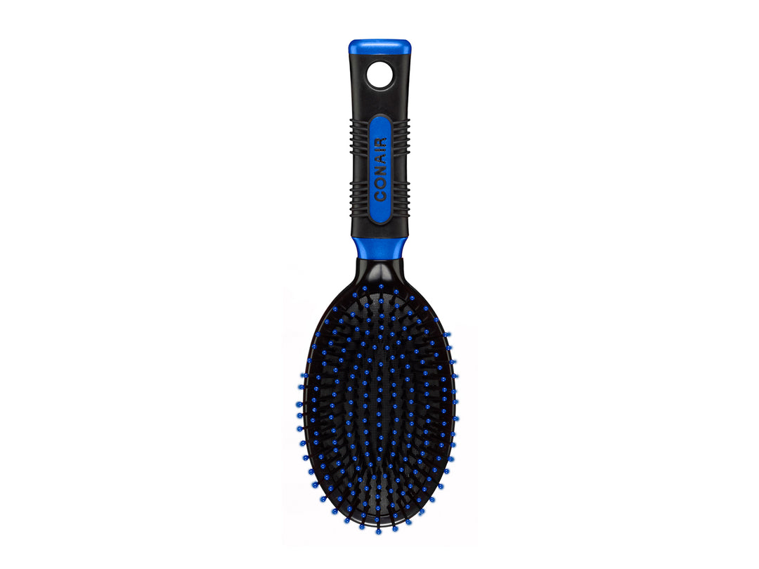 Cepillo ovalado profesional Conair en colores negro y azul para desenredar y peinar el cabello.