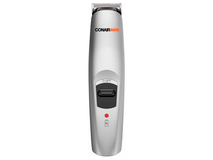 Recortadora de barba y bigote Conairman color plata con panel de control gris oscuro.