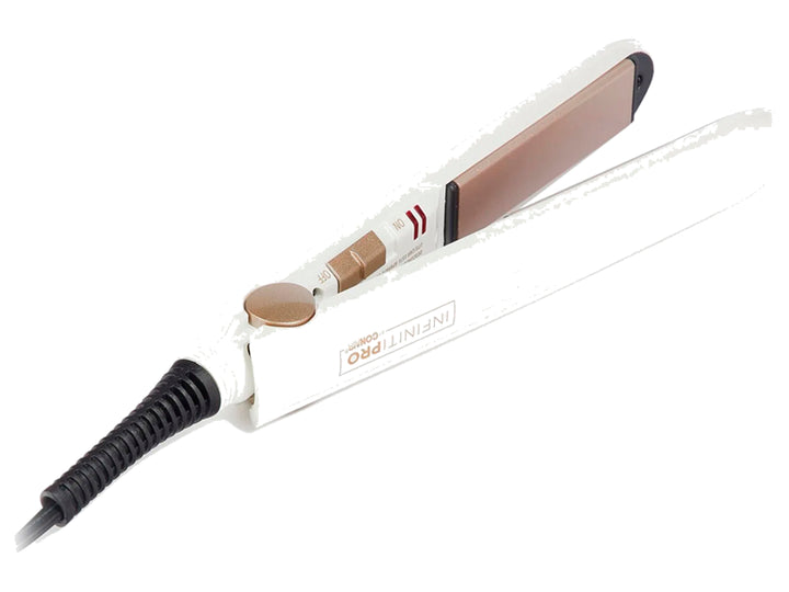 Plancha alisadora de cerámica Conair Compact Pro en color blanco perlado con detalles en oro rosa.