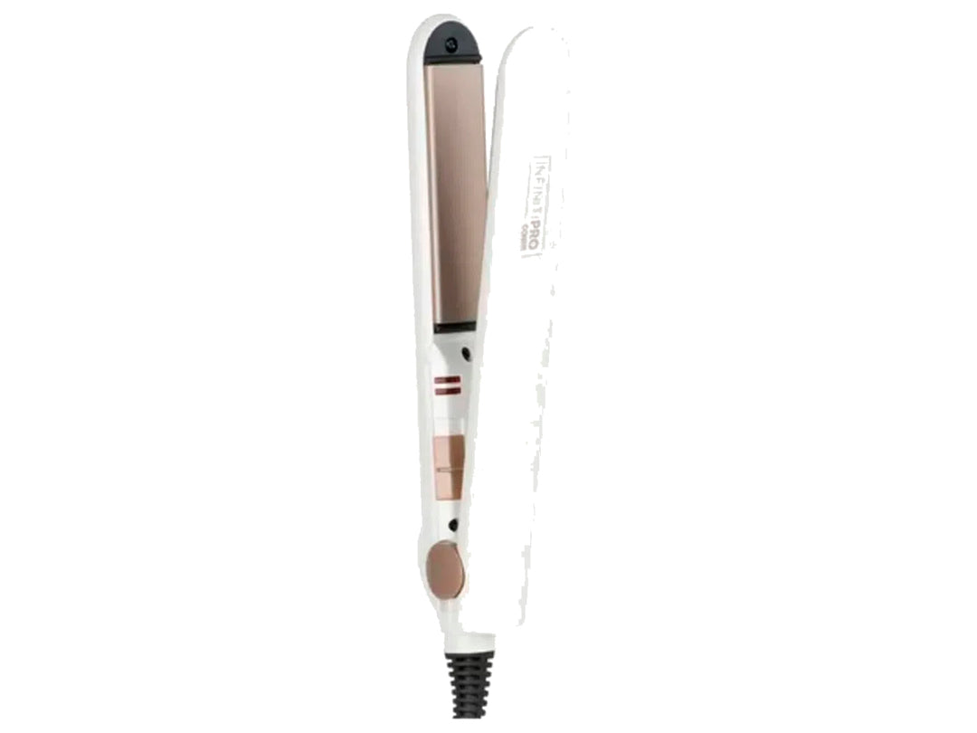 Plancha alisadora de cerámica Conair Compact Pro en color blanco perlado con detalles en oro rosa.