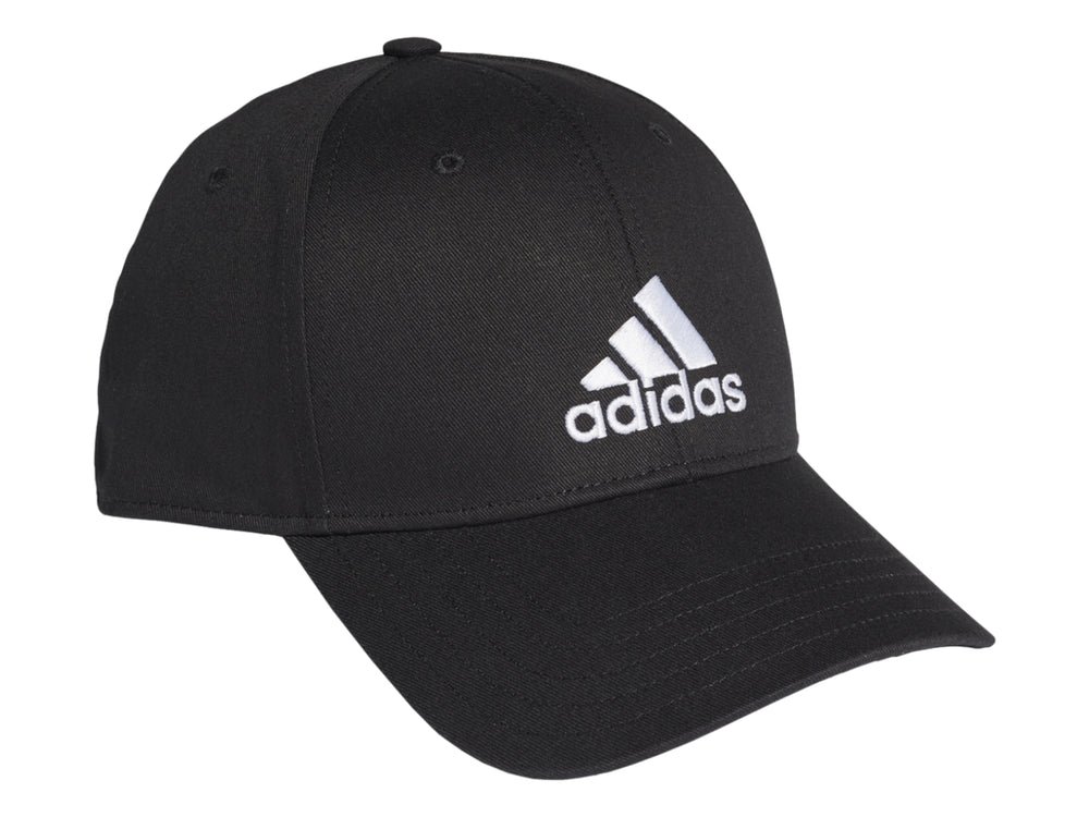 Gorra de béisbol color negro con logotipo de Adidas en color blanco en el frente.